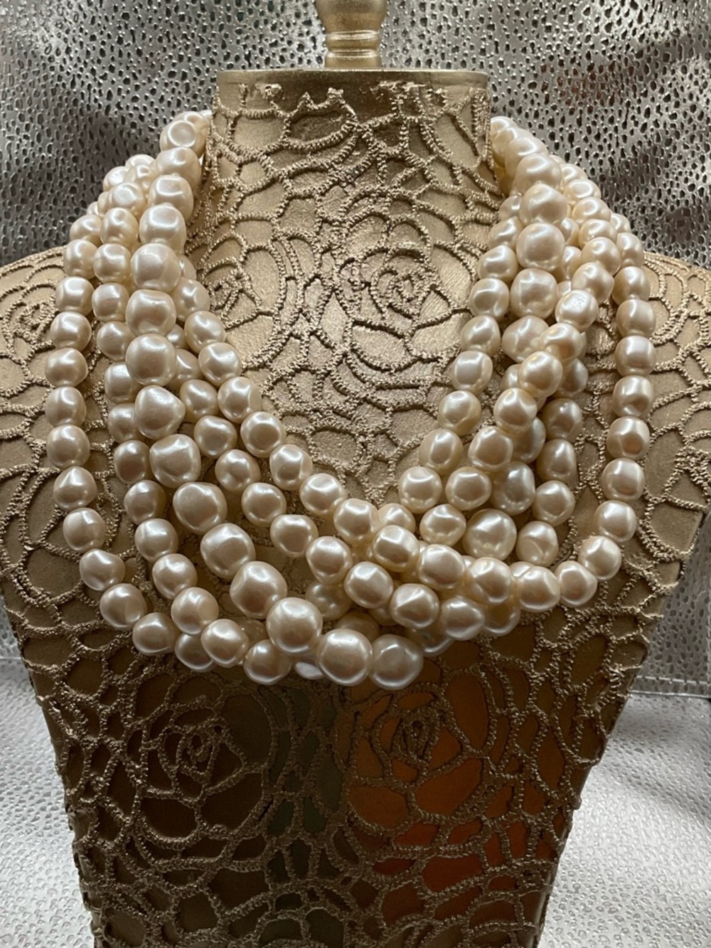 Multi-Strand Cream Pearl Statement Necklace with Gold Accent - Picture 3 of 4